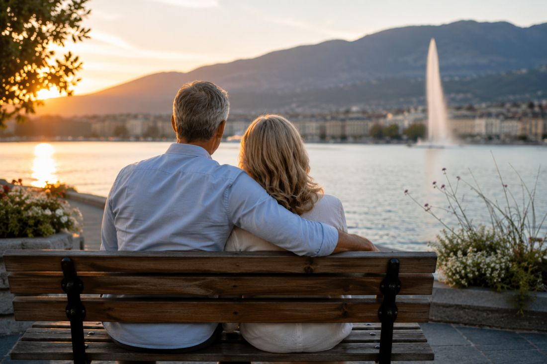 Couple élégant assis de dos face au lac Léman au coucher du soleil à Genève